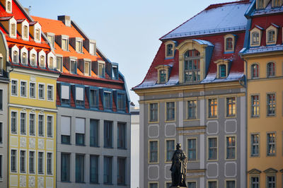 Low angle view of buildings against sky in city