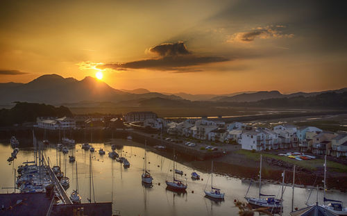 High angle view of city at sunset