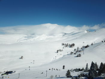 Scenic view of snow covered mountains against sky