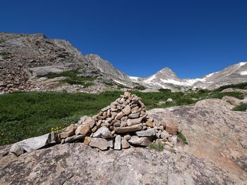 Scenic view of mountains against clear blue sky