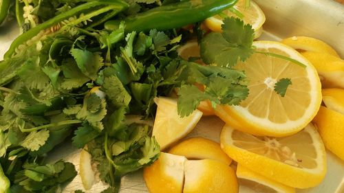 High angle view of chopped fruits