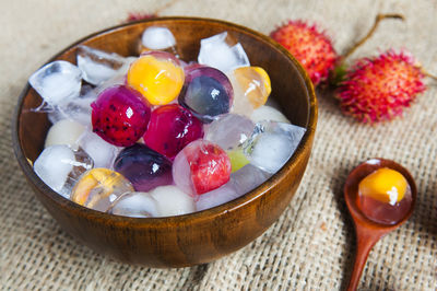 Close-up of fruit jelly in bowl on table