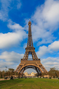 Eiffel tower against cloudy sky