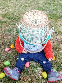 High angle view of person wearing hat on field