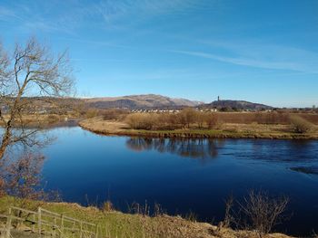 Scenic view of lake against blue sky