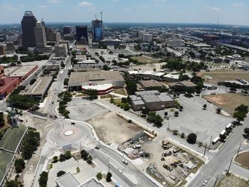 High angle view of street amidst buildings in city