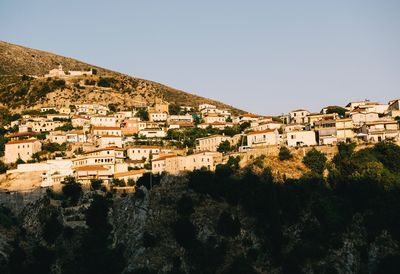 Houses by trees against clear sky