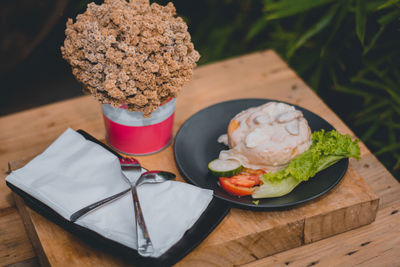 High angle view of breakfast served on table