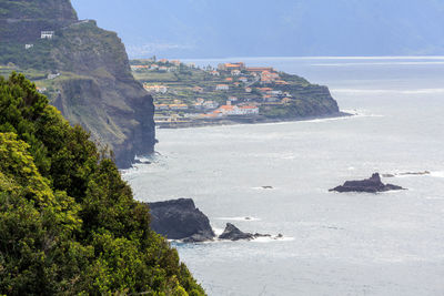 Scenic view of sea and mountains against sky