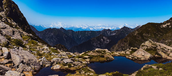 Scenic view of mountains against blue sky