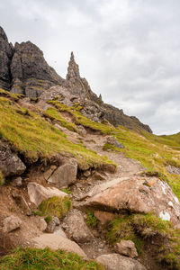 Walking track up to the old man of storr rock formation. isle of skye, scotland.