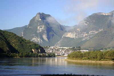 Scenic view of lake and mountains against sky