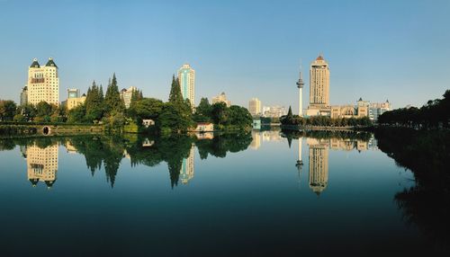 Reflection of buildings in lake