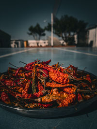 Close-up of dried chili in plate