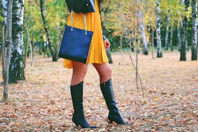 Low section of woman standing at park during autumn