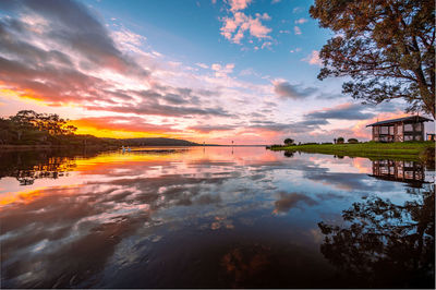 Scenic view of lake against sky during sunset