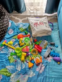 High angle view of toy toys