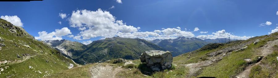 Panoramic view of landscape and mountains against sky