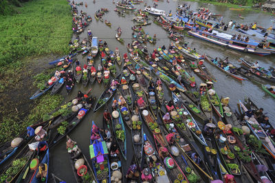 High angle view of people on street in city