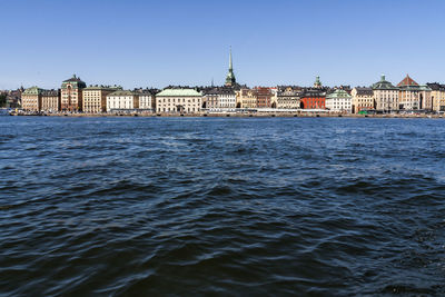 River by buildings against clear blue sky at strandvagen