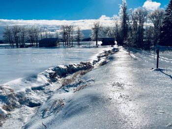 Snow covered landscape against sky