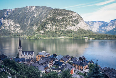 Scenic view of lake by mountains against sky