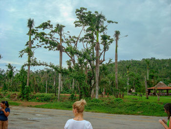 Rear view of people walking on road amidst trees against sky