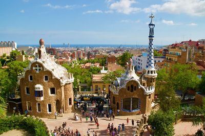 High angle view of people at park guell in city