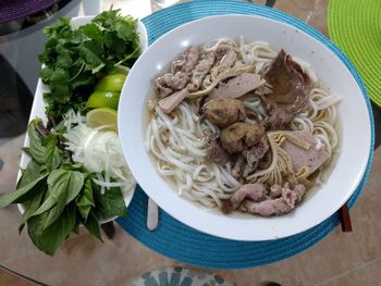 High angle view of noodles in bowl on table