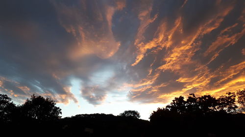 Low angle view of silhouette trees against dramatic sky