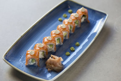 Close-up of sushi in plate on table