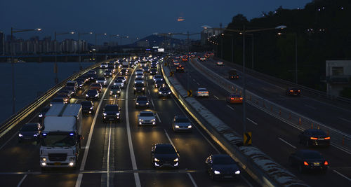 High angle view of traffic on highway at night