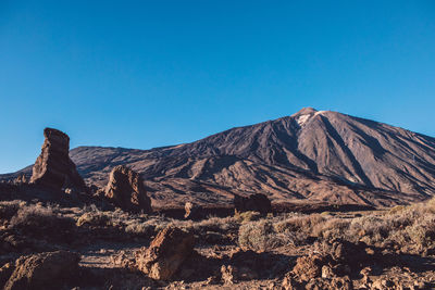 Scenic view of volcanic mountain against clear blue sky