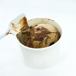 Close-up of ice cream in bowl against white background