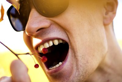 Close-up of young man eating berries from twig