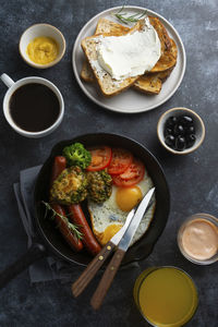 High angle view of breakfast served on table