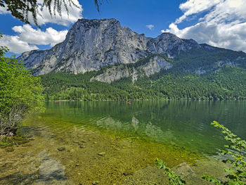 Scenic view of lake and mountains against sky