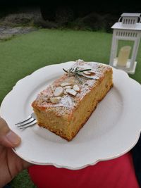 Close-up of hand holding cake slice in plate