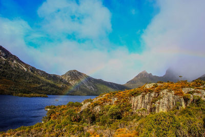 Calm countryside lake against mountain range