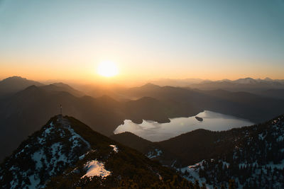 Scenic view of mountains against sky during sunset