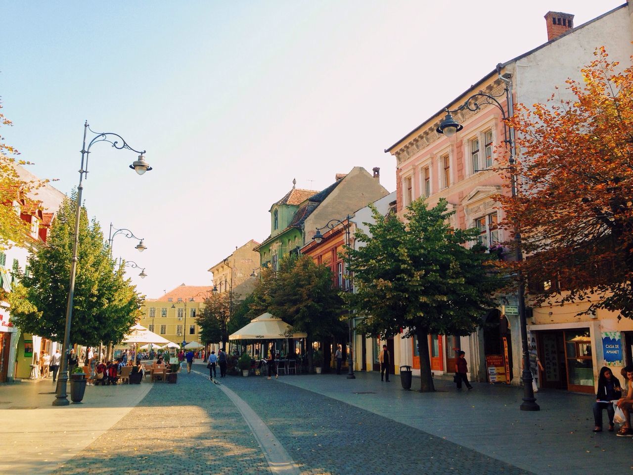 building exterior, architecture, built structure, street, clear sky, city, tree, the way forward, road, residential structure, residential building, house, city life, incidental people, sky, building, walking, day, sunlight