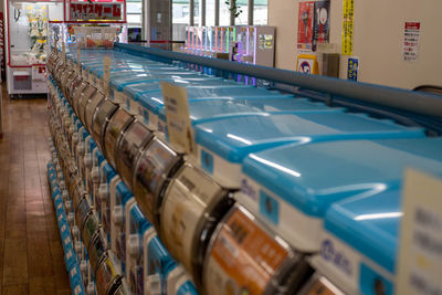 High angle view of books on table in building