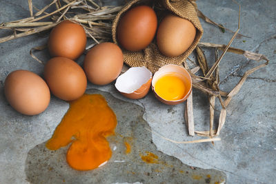 High angle view of eggs in container on table