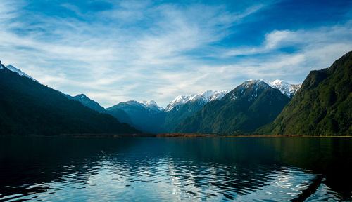 Scenic view of lake by mountains against sky