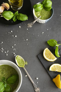 High angle view of chopped fruits in bowl on table