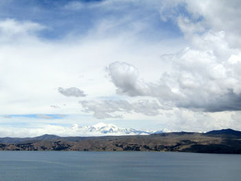 Scenic view of landscape and sea against sky