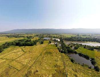 Scenic view of agricultural field against clear sky