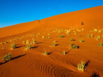 Scenic view of desert against clear blue sky