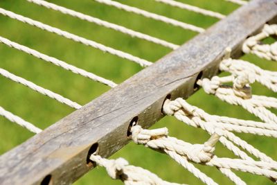 Close-up of rope tied on wood