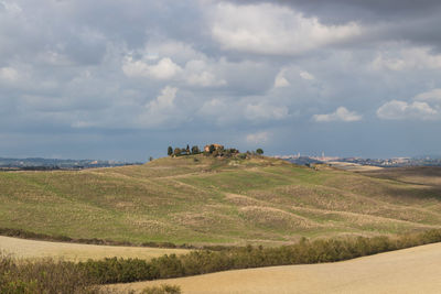 Scenic view of agricultural field against sky